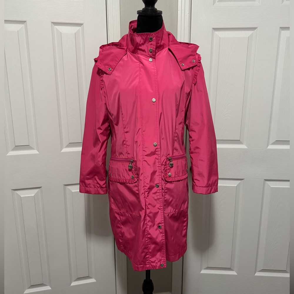 Betsey Johnson pink ruffled raincoat size large